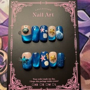 Mermaid Press On Nails Blue Ocean Seashell Starfish Summer Beach Set